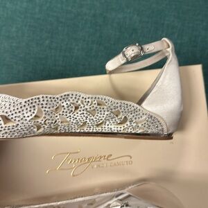 Cream silk and crystal Vince Camuto lace flats with ankle strap